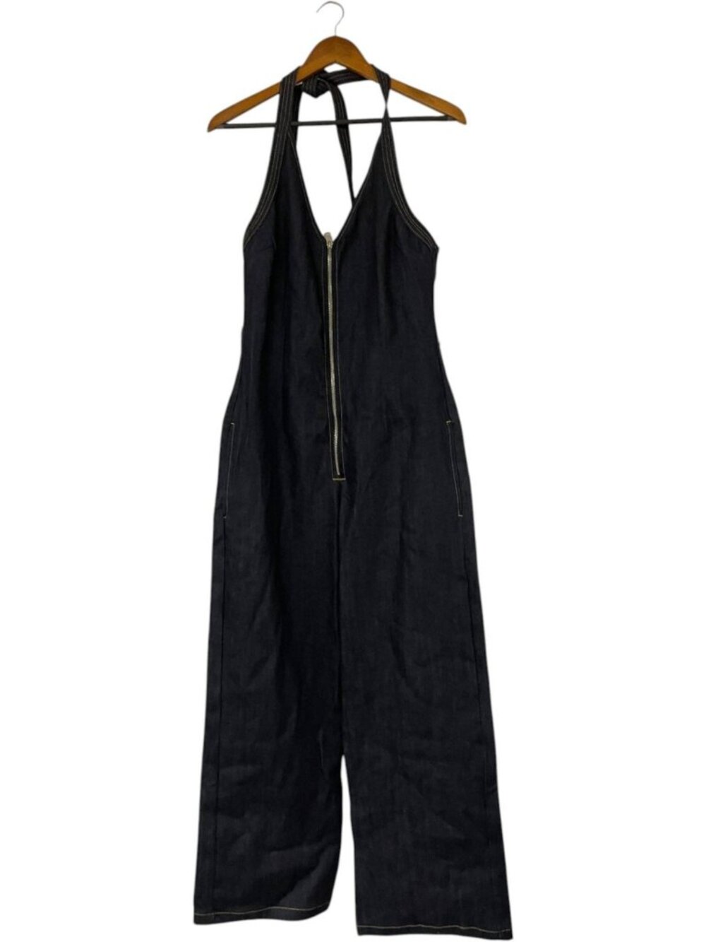 Zara Womens Jumpsuit Size M Dark Denim Zip Front Halter Tie Wide Leg NWOT